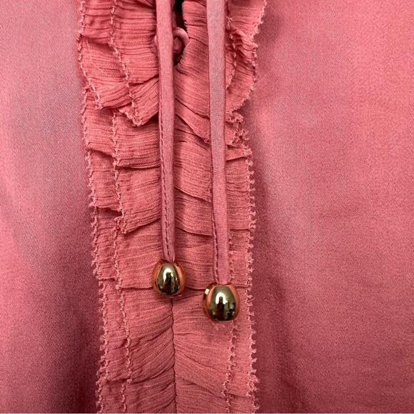 CHICO'S XL Ruffle Tie Neck Pullover Satin Blouse Burnished Rose Work Romantic - Picture 7 of 14